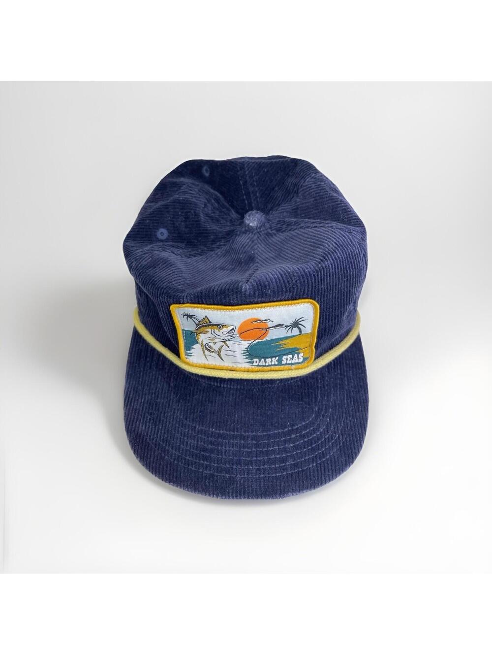 Y2K Dark Seas Corduroy Snapback Hat Fishing Patch Navy Skater Surf Cap